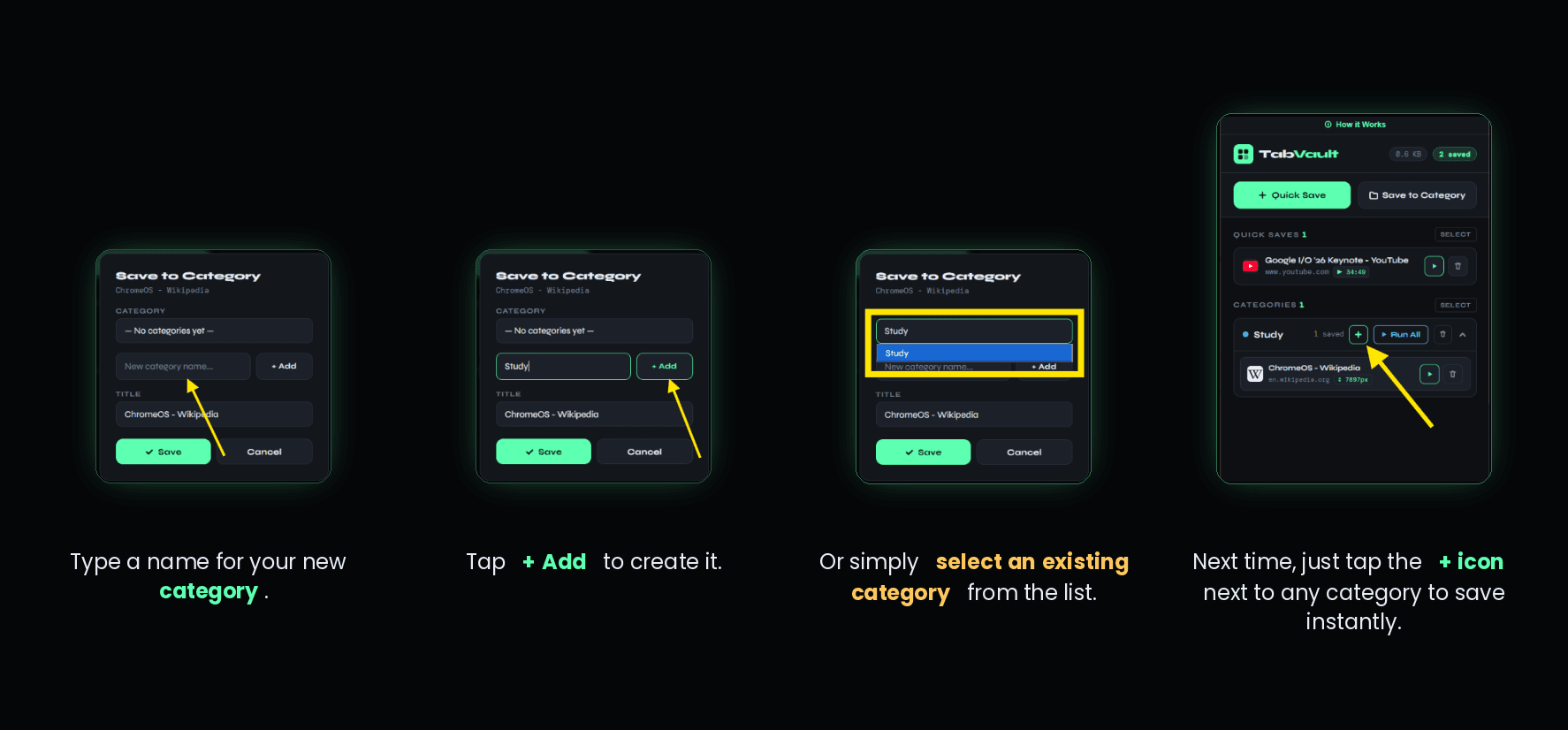 Four views of the Save to Category dialog: typing a new category name, tapping + Add to create it, selecting an existing category from a dropdown, and using the + icon next to a category to save into it instantly.