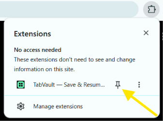 Chrome's extensions menu open, showing TabVault in the list with an arrow pointing to the pin icon that adds it to the toolbar.